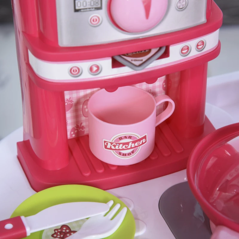 HOMCOM Cocinita de Juguete para Niños de +3 Años Juego de Cocina Infantil Incluye 38 Piezas con Efectos de Luz Sonidos Almacenaje 51x30x73 cm Rosa