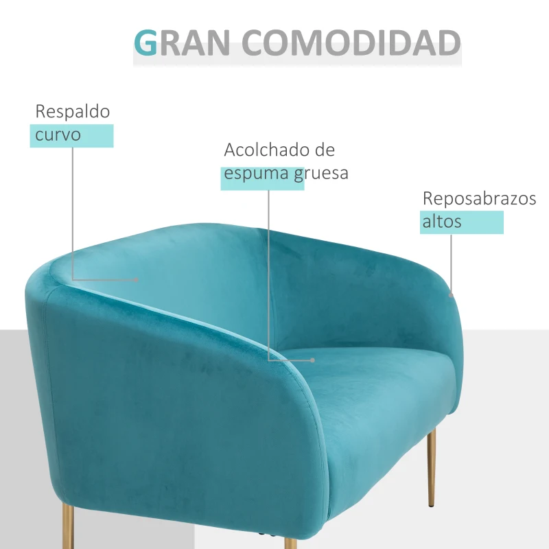 HOMCOM Sofá de 2 Plazas Sofá Doble Moderno con Patas Metálicas Asiento Acolchado Apoyabrazos y Respaldo Curvos para Salón Dormitorio 124x73x76 cm Turquesa Oscuro
