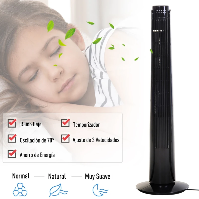 Ventilador Torre con Mando a Distancia y 3 Ajustes de Velocidad Temporizador hasta 7,5h Oscilante en 70° Potencia 50W Ф27x92cm Negro