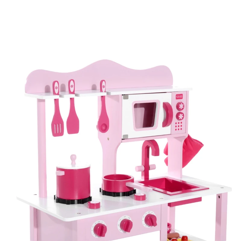 HOMCOM Cocina de Juguete para Niños Set Juego Cocinita Madera Infantil 3 Años Juego de Imitación 60x30x84.5cm Rosa