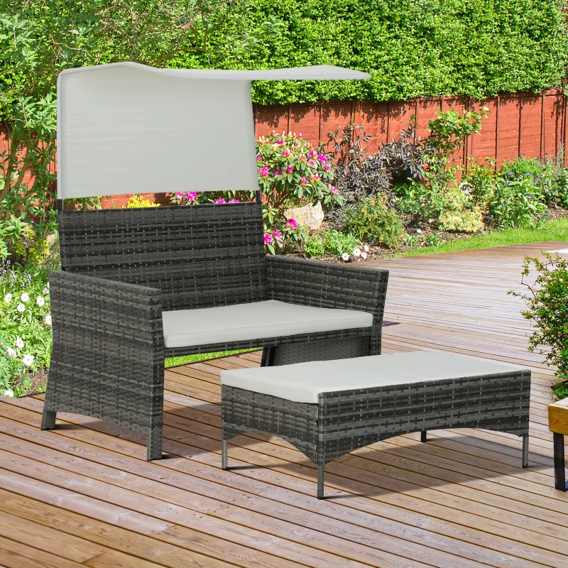 Sofá de Ratán Dos Plazas Sillón Mueble para Jardín Terraza con Reposapiés Extraíble Toldo Cojín Desmontable 126x75x150cm Gris