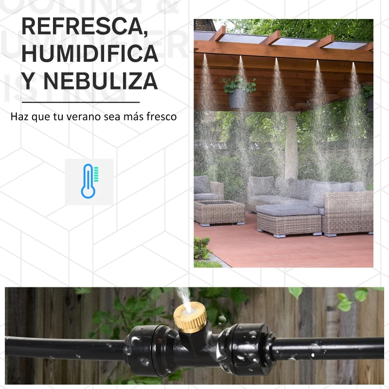 Rociador de Agua para Jardines Sistema de Enfriamiento por Nebulización Diferentes Boquillas Grifo de Latón para Patio al Aire Libre Kit Difusor Negro 12 m