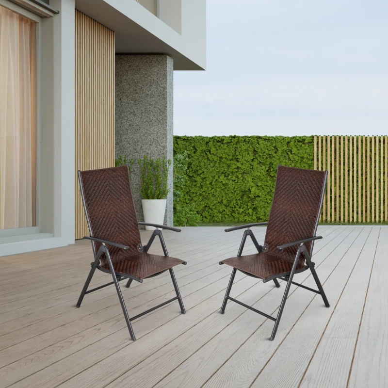 Outsunny Set de 2 Sillas Plegables de Ratán Jardín con Respaldo Alto y Ajustable de 7 Posiciones para Patio Terraza Exteriores 57x67,5x104 cm Marrón
