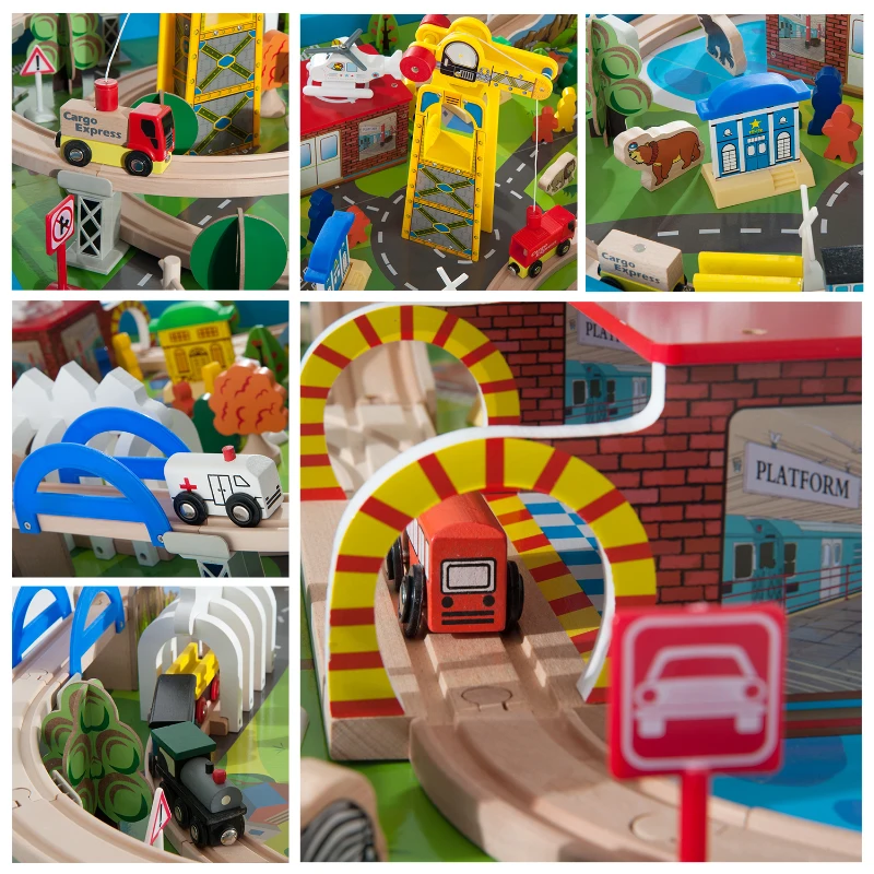 HOMCOM Set Completo de 82 Piezas Juego de Tren con Circuito de Vía + Mesa de Madera para Niños Juguete Educativo Infantil para Actividad Interior con Certificación EN71-1-2-3