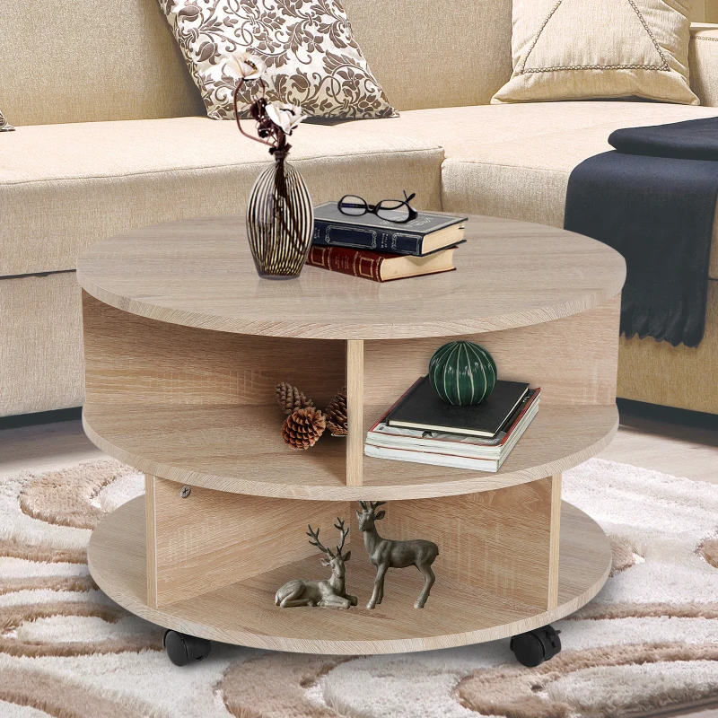 HOMCOM Mesa de Centro Mesita Café Té con Ruedas Mueble Salón Comedor Mesa Auxiliar Estilo Contemporáneo Mesa para Sofá Sala de Estar Φ60x39.5cm