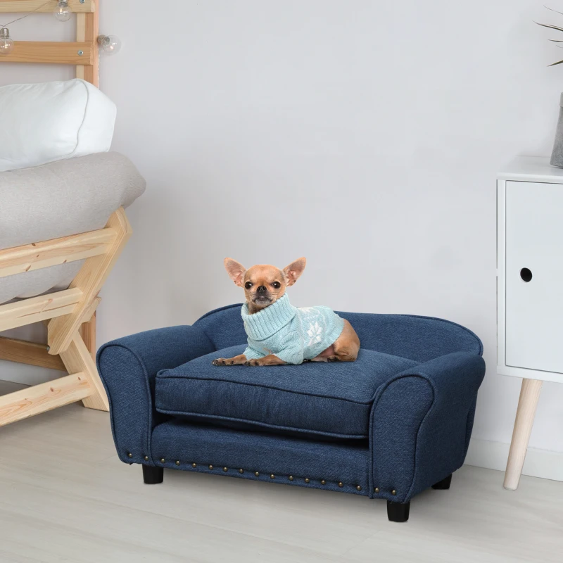 PawHut Stylish Linen Pet Sofa w/ Wood Frame Metal Studding Cushion Legs Dog Cat Blue