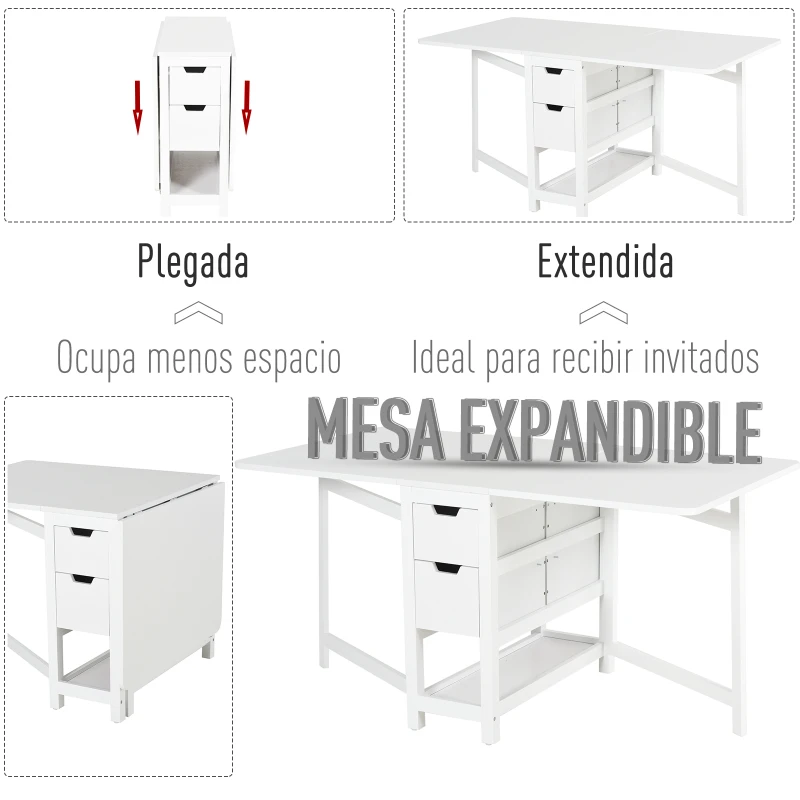 HOMCOM Mesa de Comedor Plegable Mesa Extensible con 2 Alas Laterales 2 Cajones y 1 Estante Almacenaje para Cocina Carga Total 50 kg 150x80x74 cm Blanco