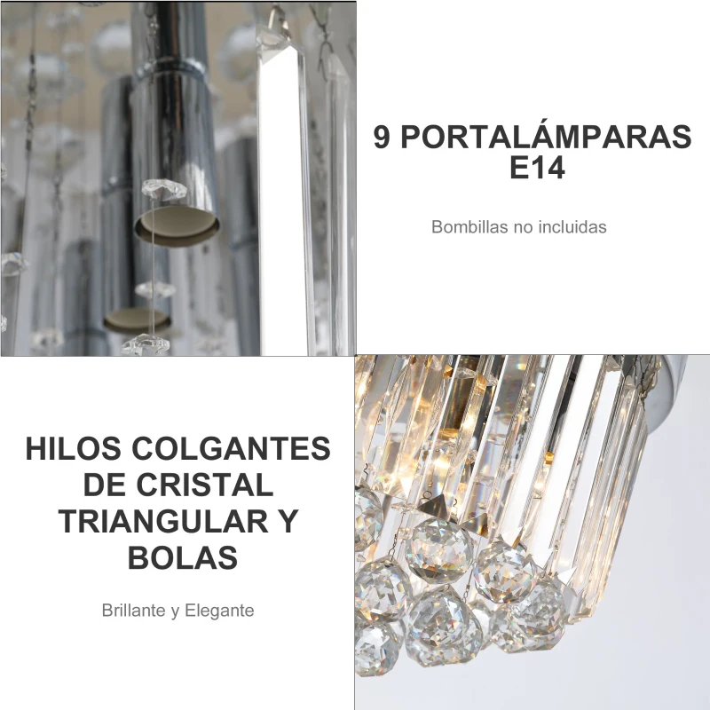 HOMCOM Lámpara de Techo de Cristal Moderna para Dormitorio Sala de Estar Lámpara de Cristal K9 para Bombillas E14 de Máx. 40W Diámetros 45x30 cm Plata