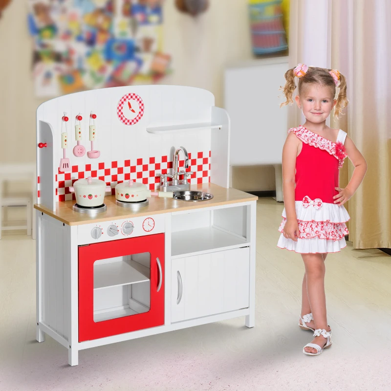 HOMCOM Cocina de Juguete Grande de Madera tipo Juego de Imitación con Accesorios para Niños +3 Años 70x30x88cm