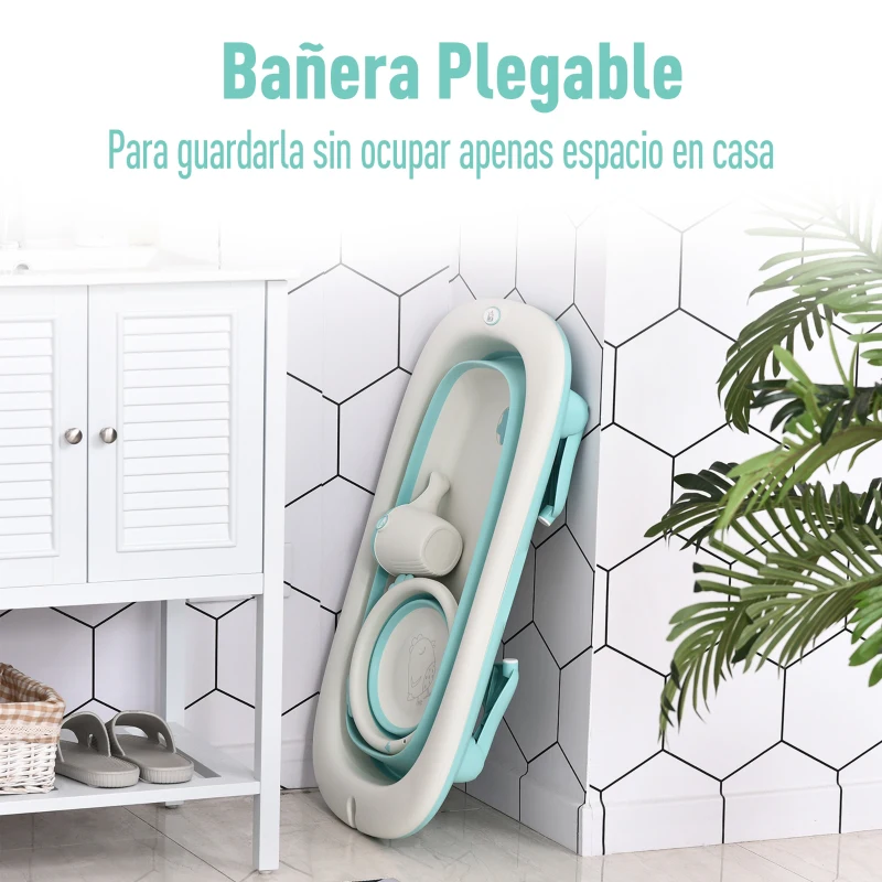 HOMCOM Bañera para Bebé Plegable 3 en 1 Juego de Ducha para 0-3 Años Portátil Bañera Lavabo Taza de Champú Ergonómico con Base Antideslizante 84,5x50,5x24 cm Turquesa