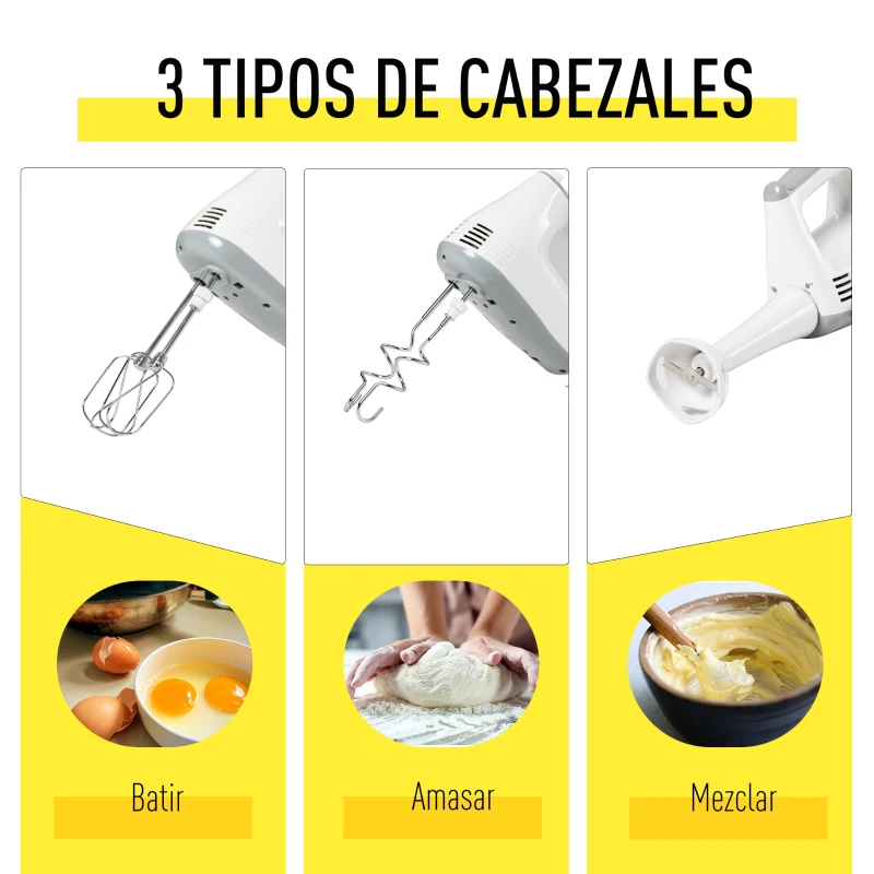 HOMCOM Batidora Amasadora para Repostería Profesional Robot de Cocina Multifuncional 3.4 Litros con 6 Velocidades Incluye 3 cabezales 300 W Acero Inoxidable Blanco