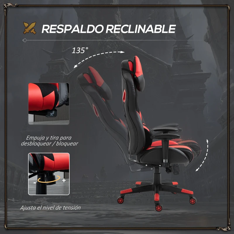 Vinsetto Silla Gaming Ergonómica Silla de Escritorio de Oficina Giratoria con Altura Ajustable Reclinable de 135° Reposabrazos Regulable Reposacabezas y Lumbar Extraíbles 70x71x125-133 cm Rojo