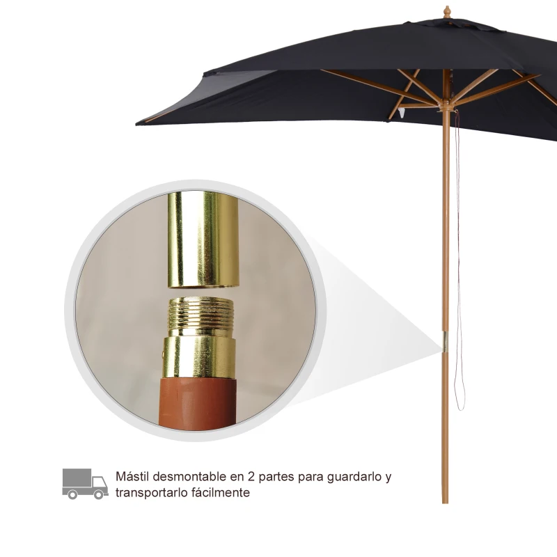 Outsunny Sombrilla Cuadrada tipo Parasol para Terraza Playa Jardín Piscina Patio Camping - Color Negro - Poliéster Madera - 200x300x245 cm