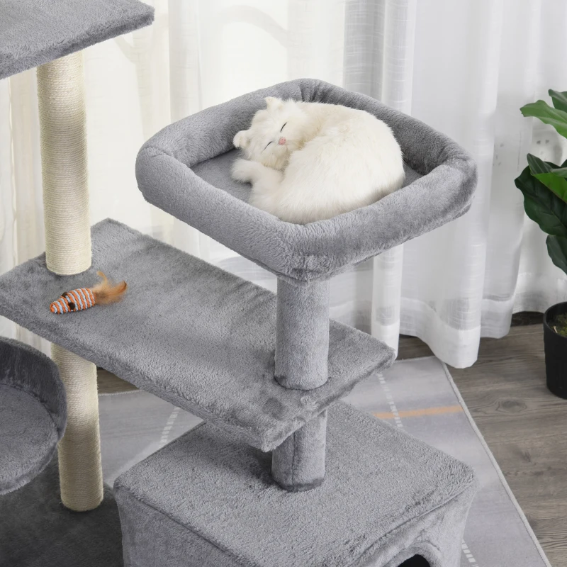 PawHut Árbol para Gatos Torre de Escalada Múltiples Actividades con Plataformas Camas Cueva Cómoda Postes Rascadores Escalera Juguetes Colgantes 124x40x136 cm Gris Oscuro
