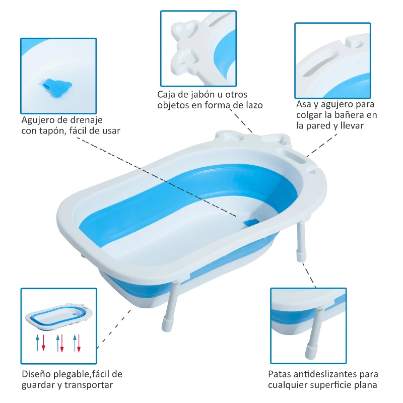 HOMCOM Bañera para Bebé y Niño para Baño Infantil Plegable Portátil y Segura Certificado EN71-1-2-3 Material PP+TPE Color Blanco y Azul 89x53.5x22cm