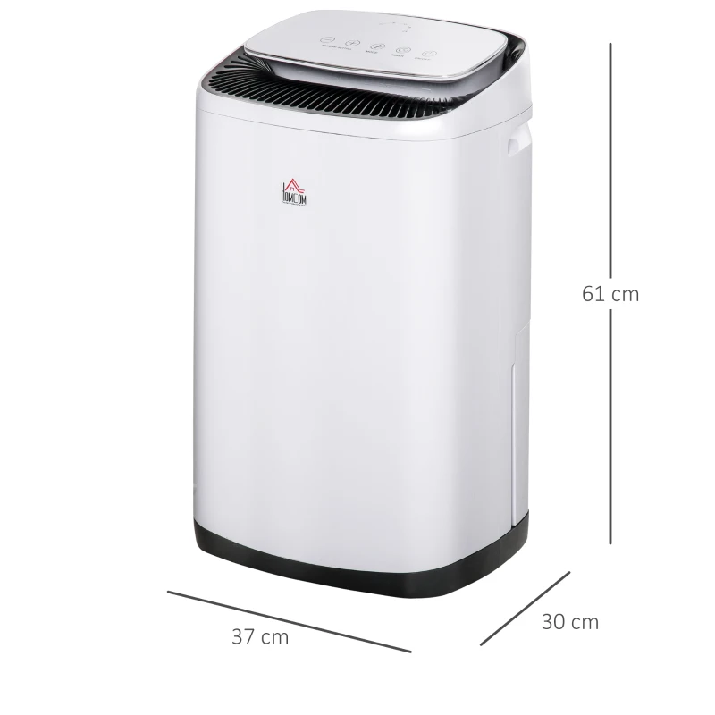 HOMCOM Deshumidificador Eléctrico de 8000ml 20L/Día con 3 Modos y 4 Velocidades con Apagado Automático y Temporizador Silencioso Función Secado de Ropa para Hogar Oficina 37x30x61cm Blanco