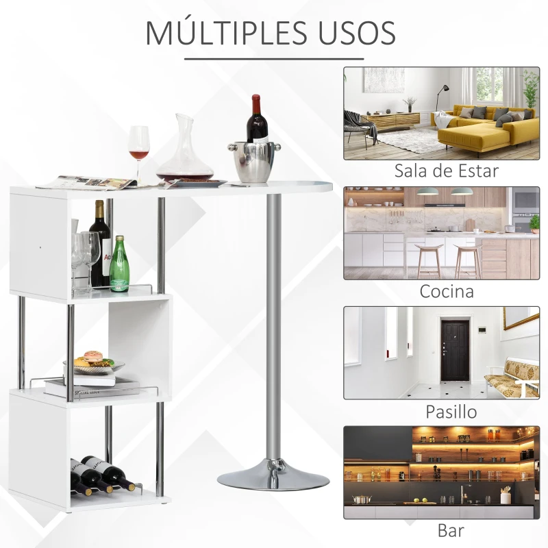 HOMCOM Mesa de Bar Mesa Bistró de Comedor con 3 Estantes y Botellero para Vino Mesa Moderna y Elegante Metal Antivuelco 113x40x105 cm Blanco