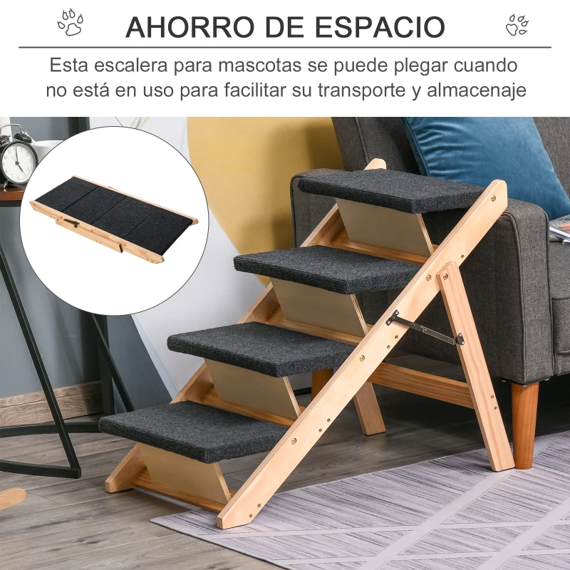 PawHut Escalera de Madera para Perros Plegable 2 en 1 Rampa para Mascotas Portátil con 4 Escalones para Acceso al Sofá y Cama Alta 80x47x64 cm Negro y Natural