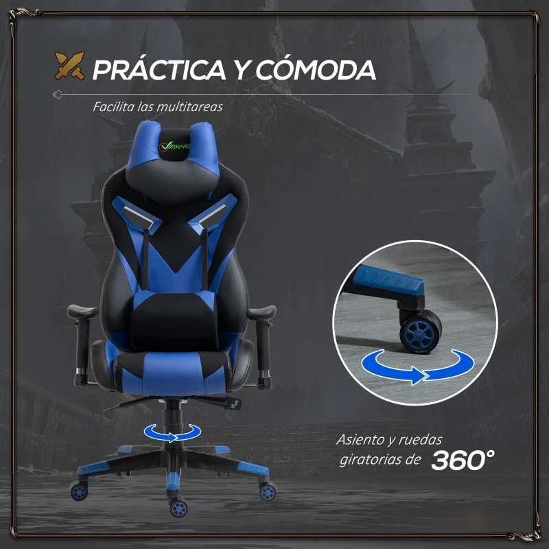 Vinsetto Silla Gaming Ergonómica Silla de Escritorio de Oficina Giratoria con Altura Ajustable Reclinable de 135° Reposabrazos Regulable Reposacabezas y Lumbar Extraíbles 70x71x125-133 cm Azul