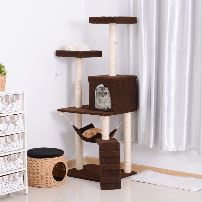 PawHut Rascador para Gatos Árbol Rascador Grande Centro de Actividad Plataformas Escalera Hamaca Caseta Ratón de Juguete 73x58x150cm Sisal Natural
