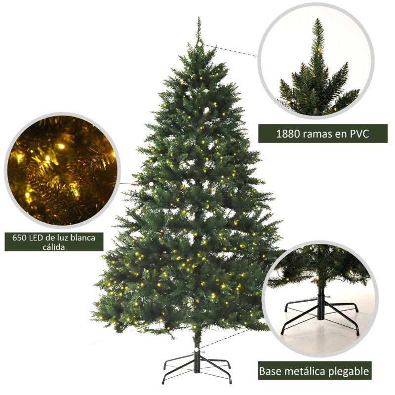 HOMCOM Árbol de Navidad Grande Artificial Árbol 200cm + Soporte 1880 Ramas 650 Luces LED con Color Blanca Cálida Verde PVC