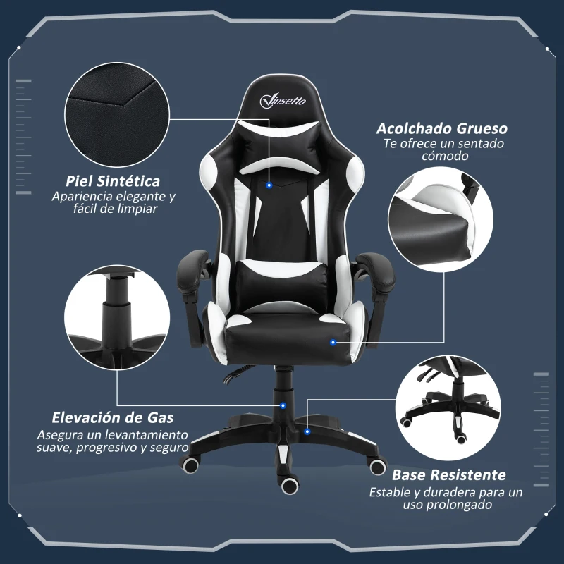 Vinsetto Silla Gaming Profesional Silla de Escritorio Ergonómica Reclinable y Ajustable en Altura con Respaldo Alto Reposacabezas y Reposabrazos 66x66x128-138 cm Blanco
