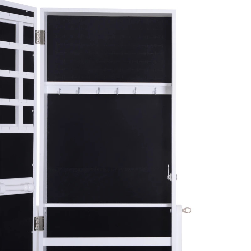 HOMCOM Joyero de Pie con Espejo Armario para Joyas 16 Luces LED Reclinable Guardajoyas Anillos Pendientes Collares Cerradura Madera 49x40x157.5cm Blanco