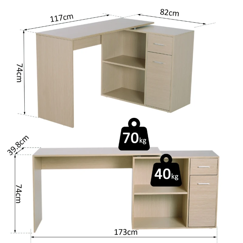 HOMCOM Escritorio de Ordenador PC Mesa Esquinera con Librería  Multi-Formas Giratorio 180°  Roble