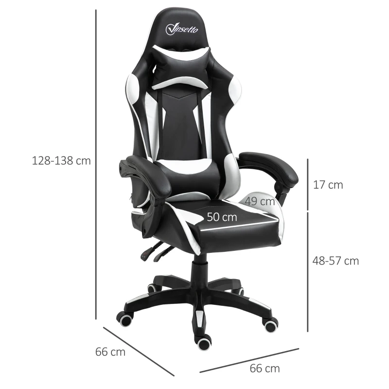 Vinsetto Silla Gaming Profesional Silla de Escritorio Ergonómica Reclinable y Ajustable en Altura con Respaldo Alto Reposacabezas y Reposabrazos 66x66x128-138 cm Blanco