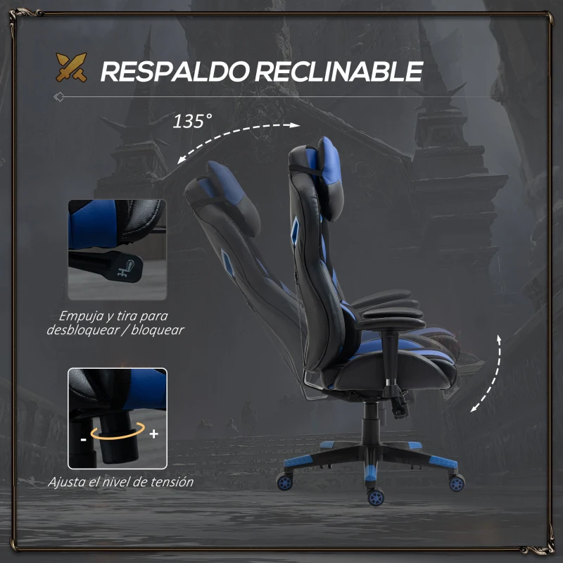 Vinsetto Silla Gaming Ergonómica Silla de Escritorio de Oficina Giratoria con Altura Ajustable Reclinable de 135° Reposabrazos Regulable Reposacabezas y Lumbar Extraíbles 70x71x125-133 cm Azul