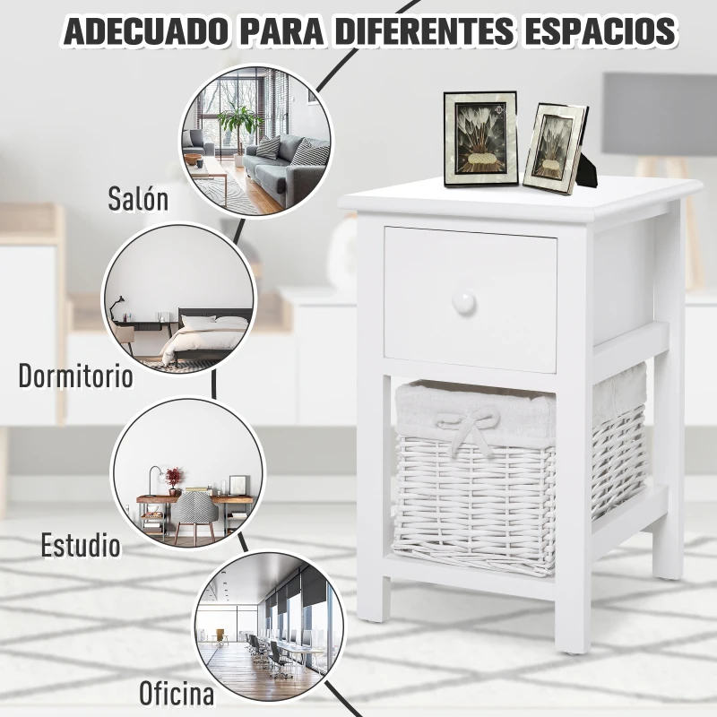HomCom® Mesita de Noche Madera con 1 Cajón 1 Cesta 28x31x45cm Blanco