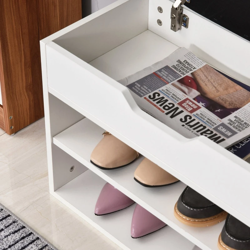 HOMCOM Zapatero Banco con Asiento Zapatero para Entrada Pasillo Cojín Acolchado 2 Estantes de Almacenamiento y 1 Cajón Carga Total 120 kg 63x30,5x45,5 cm Blanco