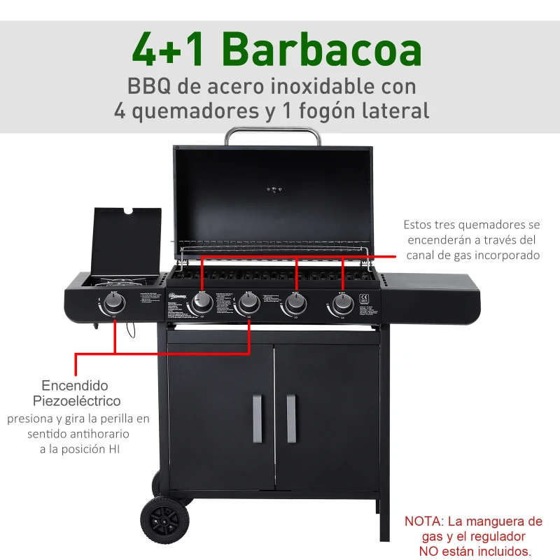Outsunny Barbacoa de Gas con 5 Quemadores de Acero Inoxidable 14,4 KW Fogón y Parrilla con Tapa y Ruedas 125x51x100 cm Negro