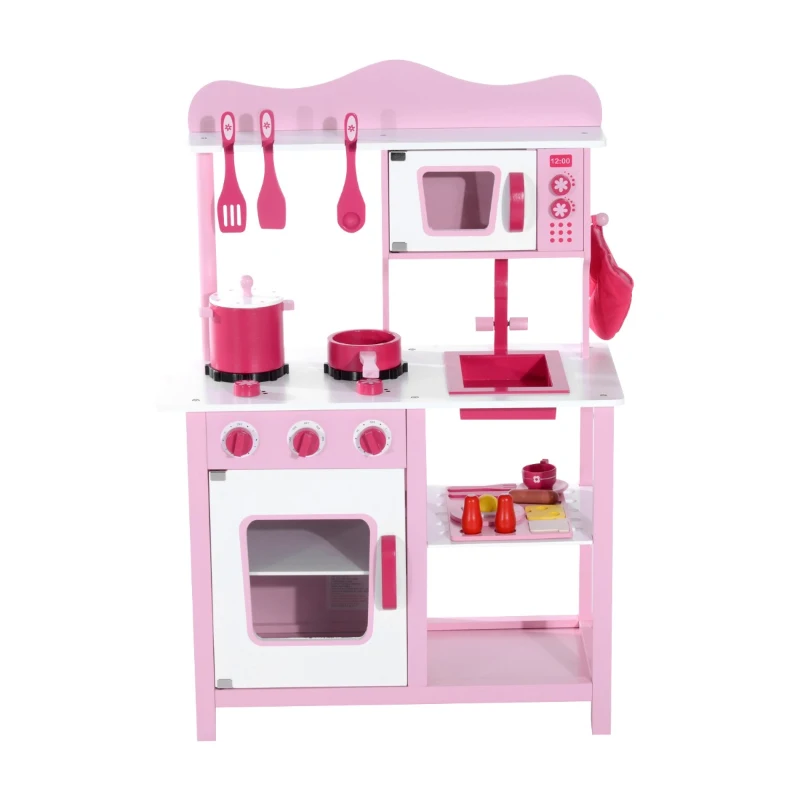 HOMCOM Cocina de Juguete para Niños Set Juego Cocinita Madera Infantil 3 Años Juego de Imitación 60x30x84.5cm Rosa