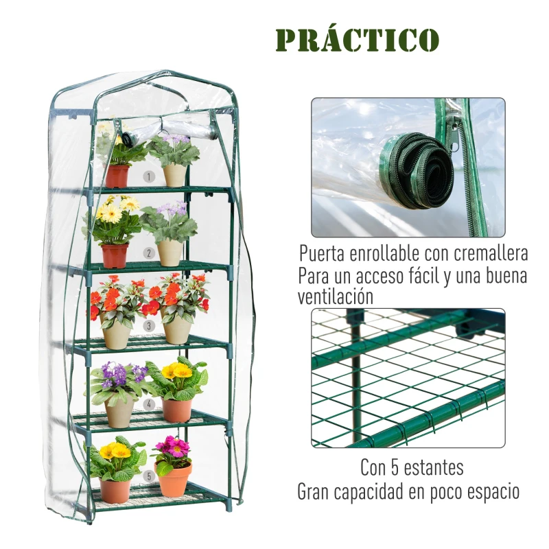 Outsunny Invernadero de Jardín Vertical 69x49x193cm con 5 Estantes Vivero Casero para Plantas y Cultivos con Cubierta Transparente PVC y Acero Verde