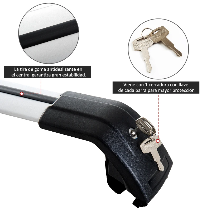 HOMCOM Juego de Barras para Techo de Coche tipo Baca Portaequipajes de Aluminio con Cierre Apto para 107,5-117cm