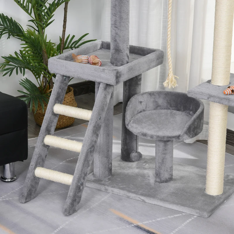 PawHut Árbol para Gatos Torre de Escalada Múltiples Actividades con Plataformas Camas Cueva Cómoda Postes Rascadores Escalera Juguetes Colgantes 124x40x136 cm Gris Oscuro