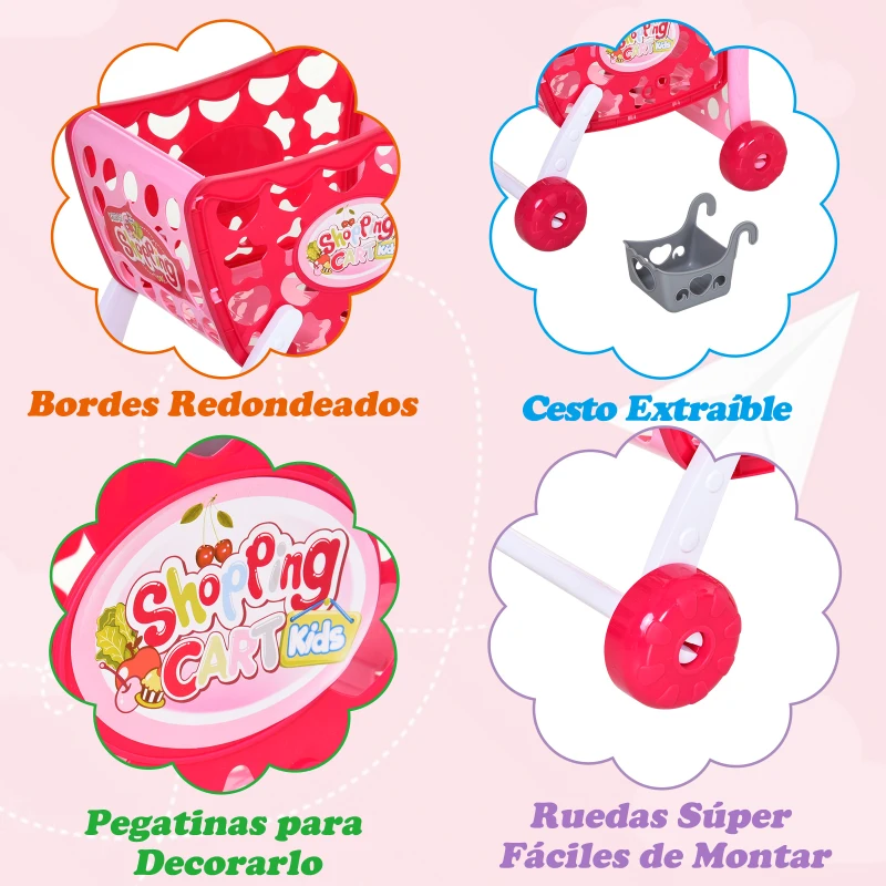 HOMCOM Set de Carrito de Compras para Niños Mayores de 3 Años Juego de Roles Educativo Juguete Infantil con 38 Piezas 41,5x33,5x48,5 cm Rosa