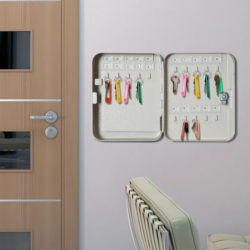 HOMCOM Armario para Llaves 45 Ganchos Caja de Llaves de Pared Caja de Seguridad con Cerradura Etiquetas 30x24x7.5cm Acero