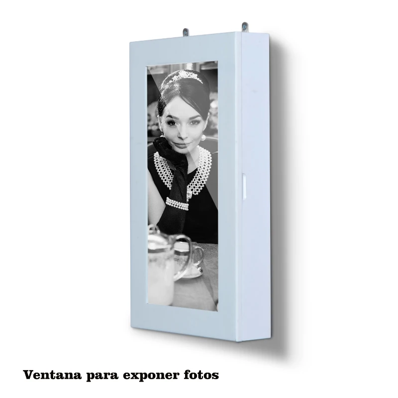 HOMCOM Joyero de Madera Armario para Joyas para colgar en Pared Altura 56cm con Espejo y Marco para Fotos Color Blanco Lacado