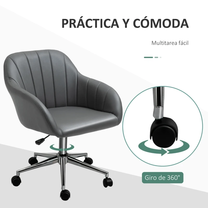 Vinsetto Silla de Oficina Ergonómica Silla de Escritorio Giratoria con Altura Ajustable Respaldo y Reposabrazos de Piel Sintética Carga 120 kg 60x59x79-89 cm Gris