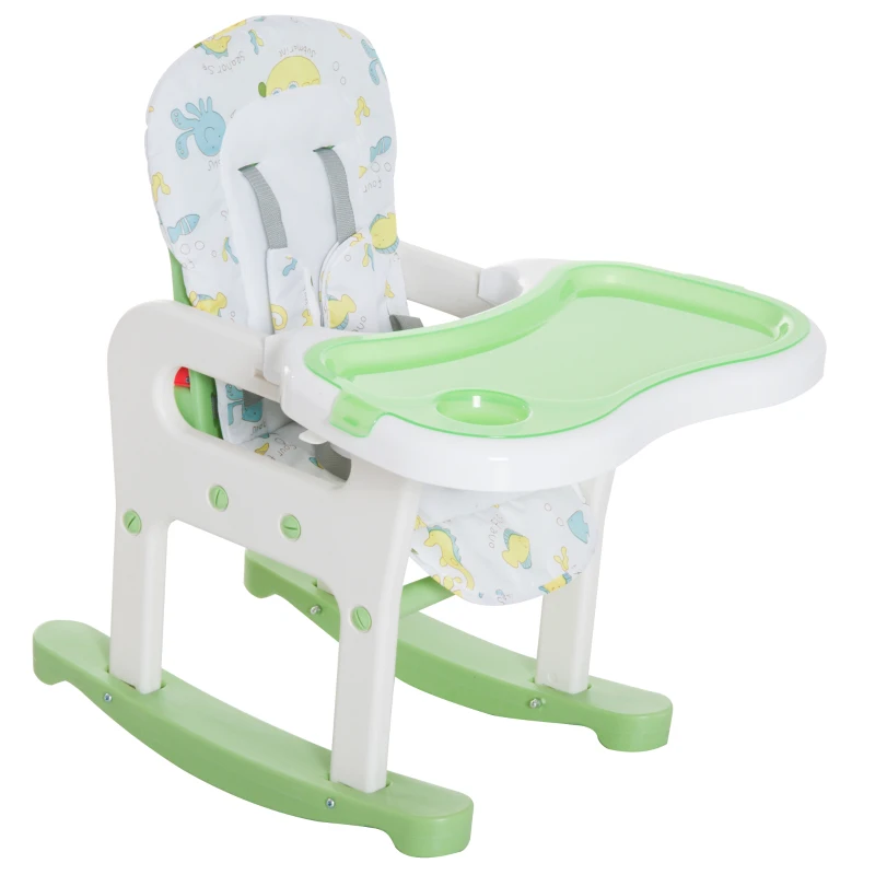 HOMCOM Trona para Bebé Convertible en Silla+Mesa y Silla Mecedora con Cinturón de Seguridad (Blanco y verde)