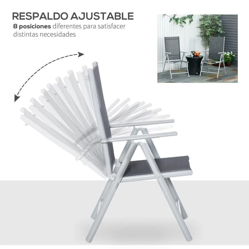 Outsunny Set de 2 Sillas de Comedor de Jardín Plegables de Aluminio con Respaldo Alto Ajustable de 8 Niveles y Reposabrazos Transpirable 65x55x107 cm Gris