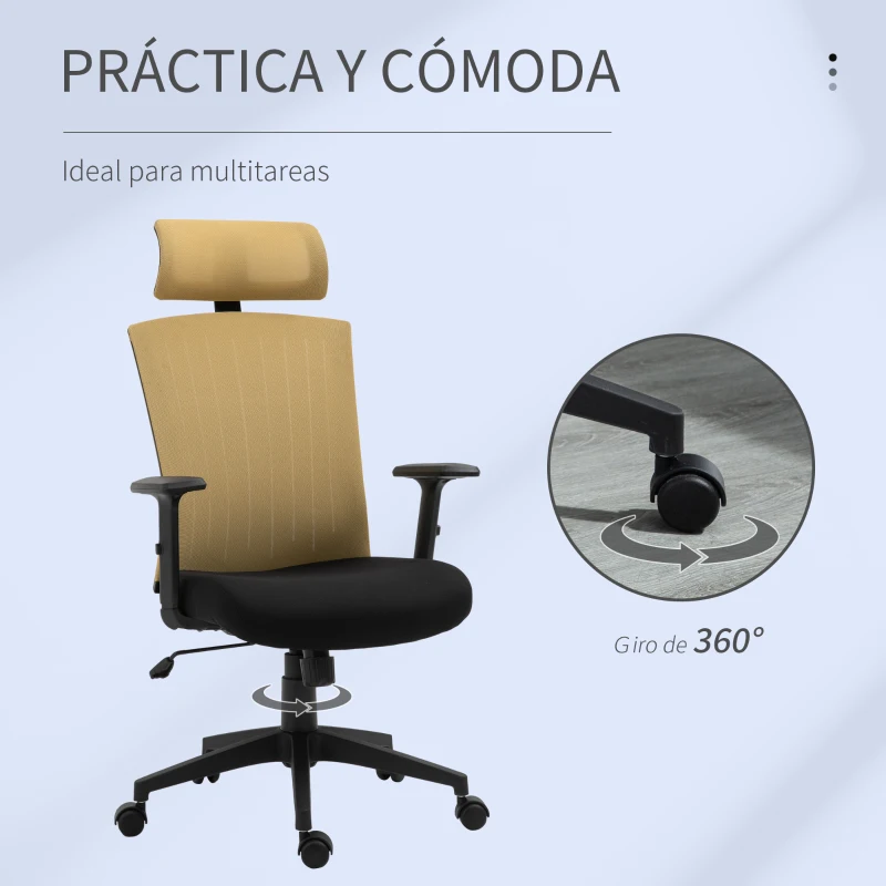 Vinsetto Silla de Oficina Ergonómica Silla de Escritorio Giratoria con Reposacabezas y Reposabrazos Ajustables Soporte Lumbar Respaldo Transpirable 65x63x119-129 cm Dorado y Negro