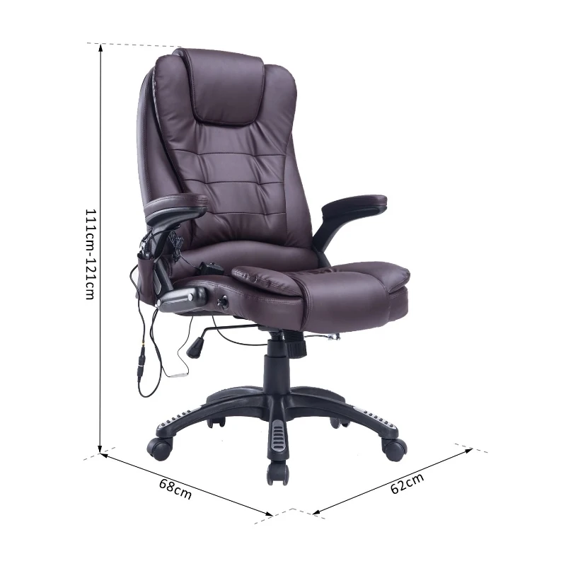 HOMCOM Silla de Oficina Ergonómica Silla de Escritorio Funciones de Calefacción 6 Puntos de Masaje Basculante con Respaldo Alto Regulable en Altura Temporizador 62x68x111-121 cm Marrón