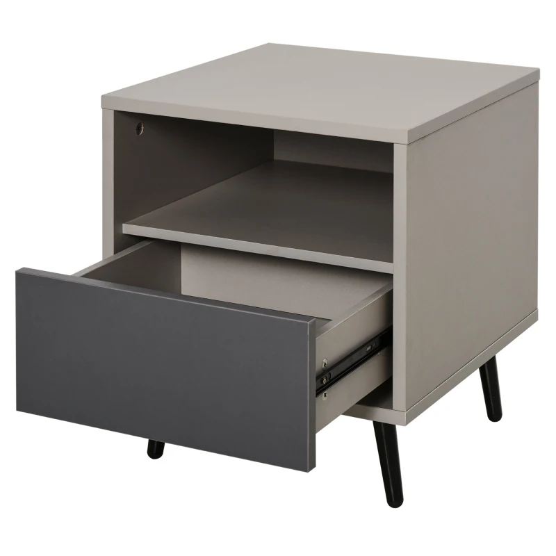 HOMCOM Mesita de Noche Mesita Auxiliar con 1 Cajón Estante Abierto y Patas de Metal Elegante Minimalista para Dormitorio Salón 40x40x45 cm Gris