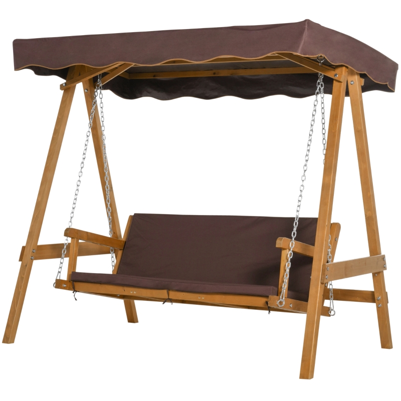 Outsunny Columpio de Jardín de Madera de 3 Plazas con Cojín y Respaldo Acolchados Extraíbles Ángulo del Toldo y Altura del Asiento Ajustable Exteriores 205x130x185 cm Marrón