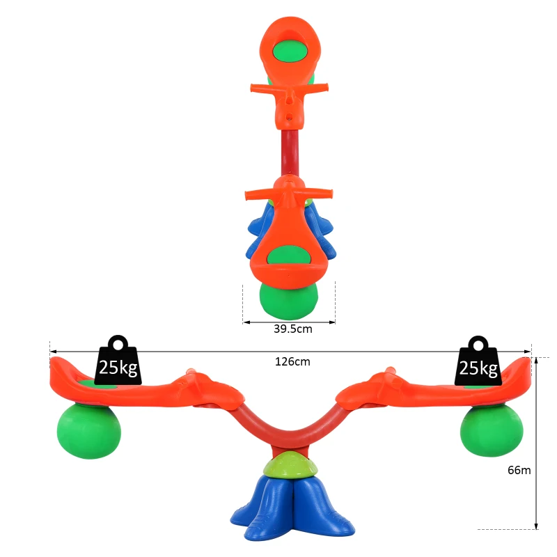 Columpio Balancín Sube y Baja Giratorio 360° para Exteriores 126x39.5x66 cm Carga 25kg Cada Asiento Naranja Verde Azul