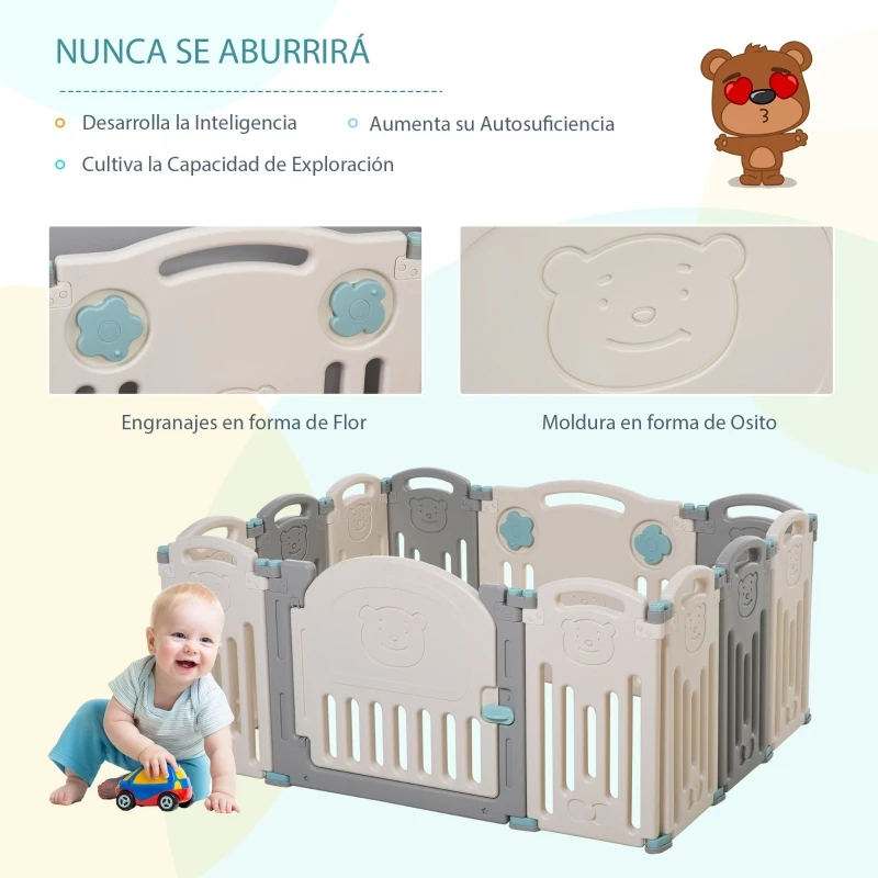 HOMCOM Parque Infantil Bebé con Puerta Corralito Plegable 12 Paneles para Niños de +6 Meses de Forma Flexible Interior y Exterior 108x133x58 cm Gris y Blanco