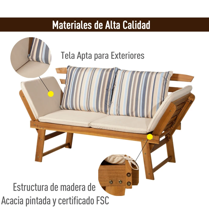 Outsunny Tumbona de Jardín con Cojín Banco para Jardín Convertible en Cama Sofá Madera de Acacia Diván para Exterior Patio Terraza 153x62x85.5cm